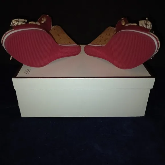 NWB Coach Twirling Cotton Peep Toe Cork wedge Sandals Women's Size 7.5