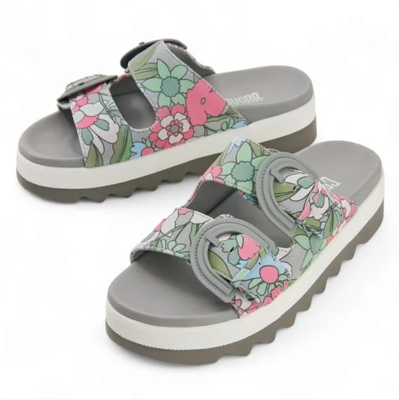 NWOB Cougar Pepa Floral Leather Dual-Buckle Slide Sandals