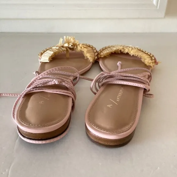 NWOT Anthropologie Embellished Tie Up Pink/Rose Raffia Square Toe Sandals