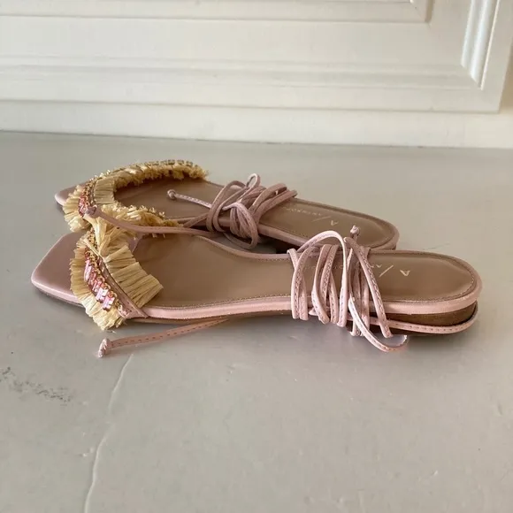 NWOT Anthropologie Embellished Tie Up Pink/Rose Raffia Square Toe Sandals