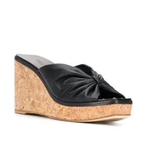 NWOT Jimmy Choo June 90 Leather Wedge Sandals In Black