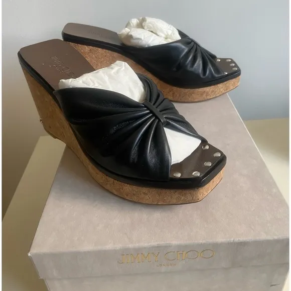 NWOT Jimmy Choo June 90 Leather Wedge Sandals In Black