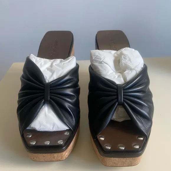 NWOT Jimmy Choo June 90 Leather Wedge Sandals In Black