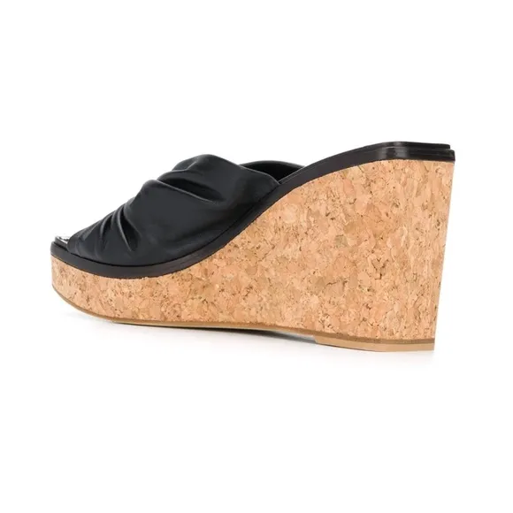 NWOT Jimmy Choo June 90 Leather Wedge Sandals In Black