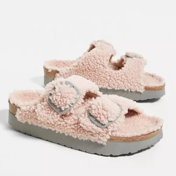 NWT Birkenstock Papillio Arizona Shearling Sandals In Pale Pink Size EU 37 $169