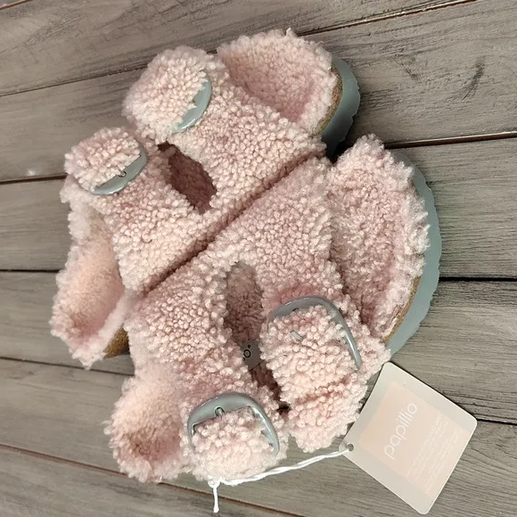 NWT Birkenstock Papillio Arizona Shearling Sandals In Pale Pink Size EU 37 $169