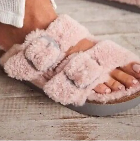 NWT Birkenstock Papillio Arizona Shearling Sandals In Pale Pink Size EU 37 $169