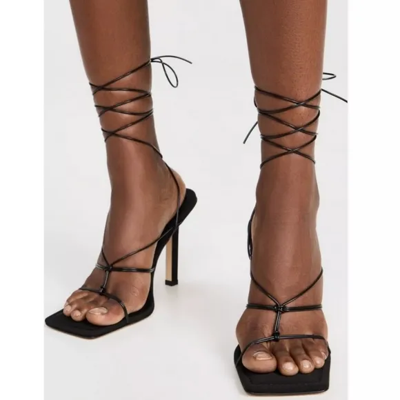 NWT Good American Cage Slanted Sandals Neoprene Black Lace Up Heel Size 5