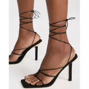 NWT Good American Cage Slanted Sandals Neoprene Black Lace Up Heel Size 5