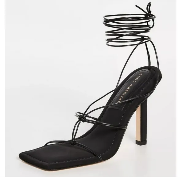 NWT Good American Cage Slanted Sandals Neoprene Black Lace Up Heel Size 5
