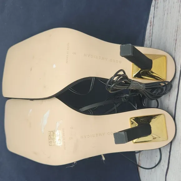 NWT Good American Cage Slanted Sandals Neoprene Black Lace Up Heel Size 5