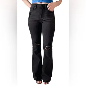 NWT Judy Blue High Waist Tummy Control Destroyed Black Flare Jeans Size 24W