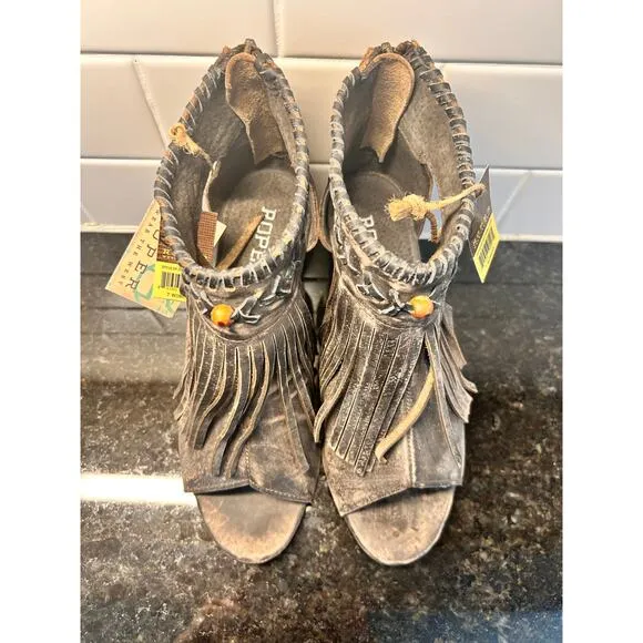 NWT Roper Women's Bettina Fringe Peep Toe Shootie Pumps Sandals Brown Size 9