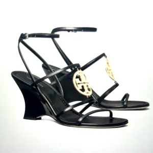 NWT: Tory Burch Capri Miller Wedge 85mm Leather Sandals in Black - Size 7.5