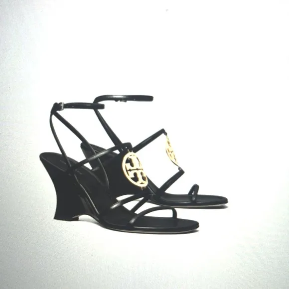 NWT: Tory Burch Capri Miller Wedge 85mm Leather Sandals in Black - Size 7.5