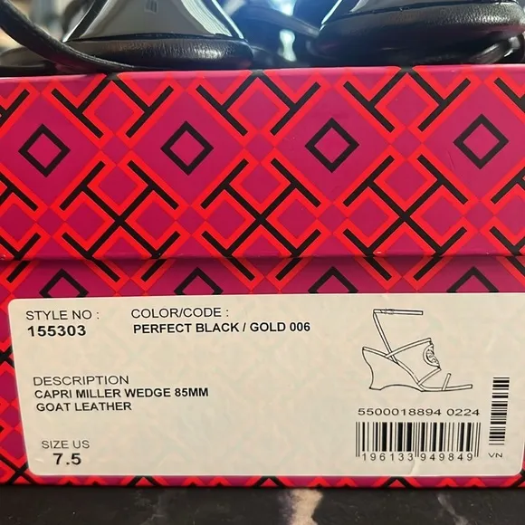 NWT: Tory Burch Capri Miller Wedge 85mm Leather Sandals in Black - Size 7.5