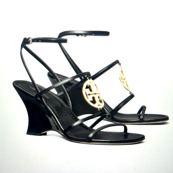 NWT: Tory Burch Capri Miller Wedge 85mm Leather Sandals in Black - Size 7.5