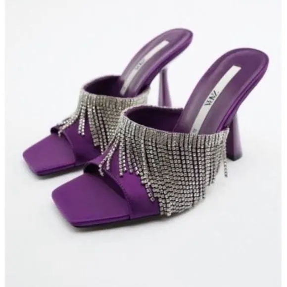 NWT. Zara Purple Sparkly Heeled Sandals with Rhinestone Fringe. Size 6,5.