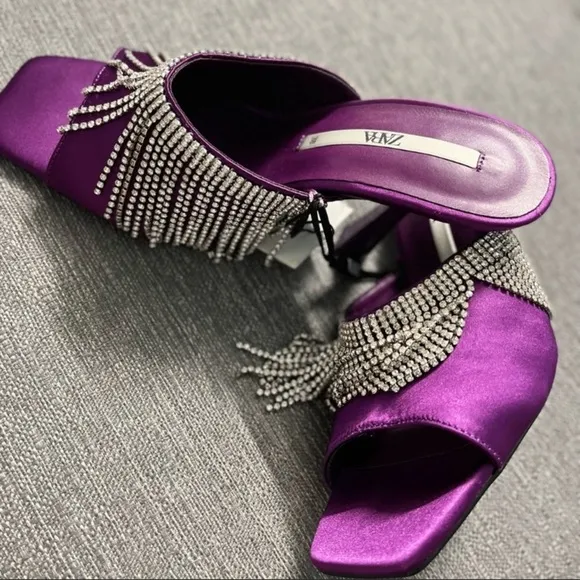 NWT. Zara Purple Sparkly Heeled Sandals with Rhinestone Fringe. Size 6,5.