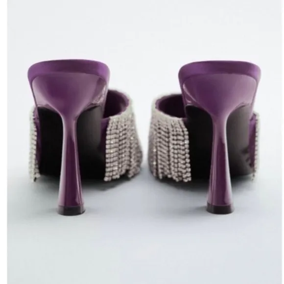 NWT. Zara Purple Sparkly Heeled Sandals with Rhinestone Fringe. Size 6,5.