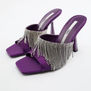 NWT. Zara Purple Sparkly Heeled Sandals with Rhinestone Fringe. Size 6,5.