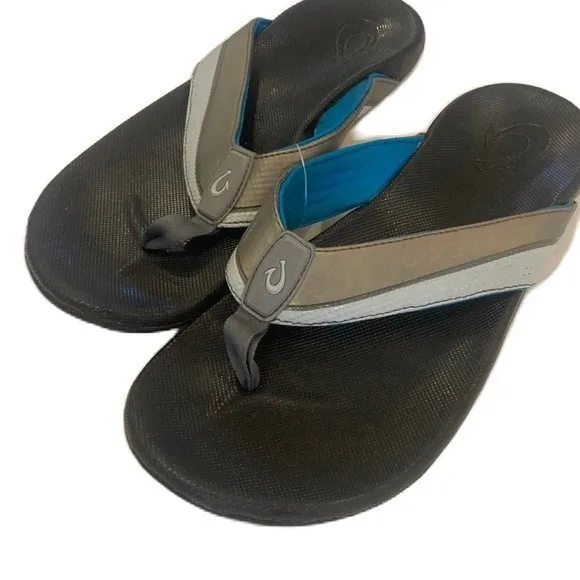 Olukai Mens HALU'A Gray White Open Toe Slip On Flip Flop Sandals Size US 12