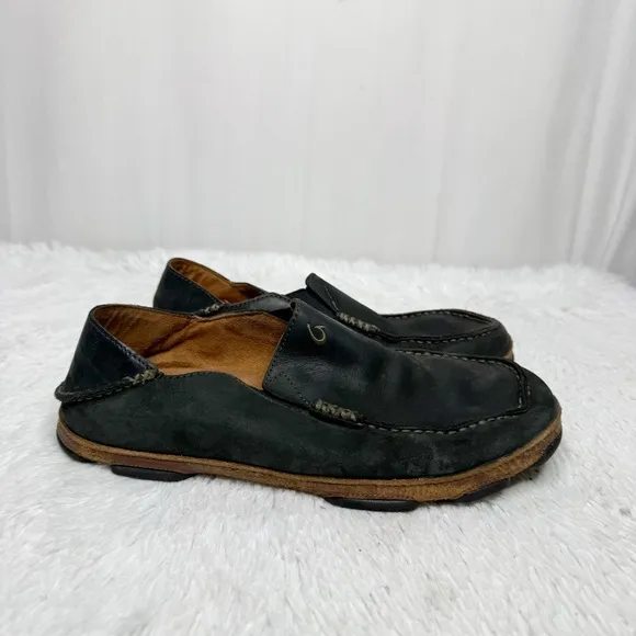 OLUKAI / Moloa black waxed leather slip on loafer shoes / 10
