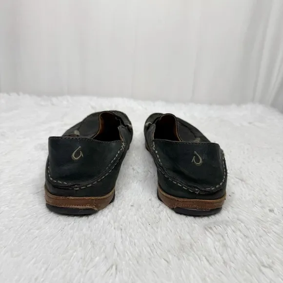 OLUKAI / Moloa black waxed leather slip on loafer shoes / 10