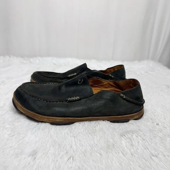 OLUKAI / Moloa black waxed leather slip on loafer shoes / 10