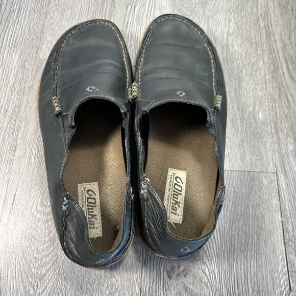 Olukai Moloa Men’s Size 9 Slip On Leather Casual Comfort Shoes Black