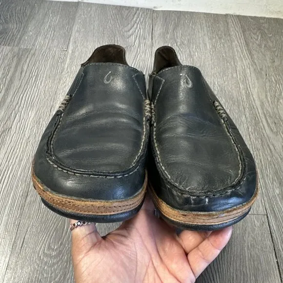 Olukai Moloa Men’s Size 9 Slip On Leather Casual Comfort Shoes Black