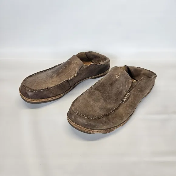 OluKai Moloa Shoes Men's sz 12 47 Brown Tan Leather Drop Heel Slip On Loafer