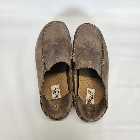 OluKai Moloa Shoes Men's sz 12 47 Brown Tan Leather Drop Heel Slip On Loafer