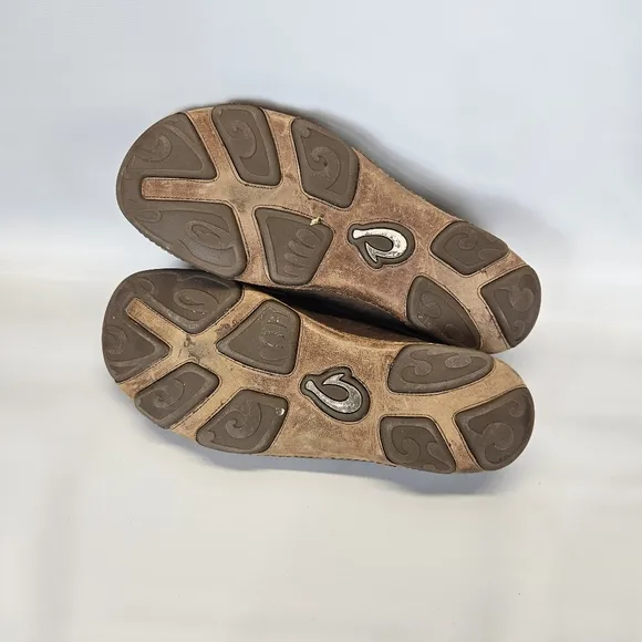 OluKai Moloa Shoes Men's sz 12 47 Brown Tan Leather Drop Heel Slip On Loafer