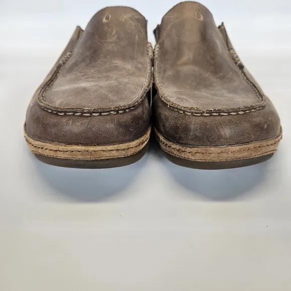 OluKai Moloa Shoes Men's sz 12 47 Brown Tan Leather Drop Heel Slip On Loafer