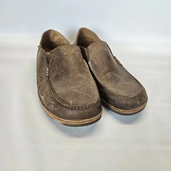 OluKai Moloa Shoes Men's sz 12 47 Brown Tan Leather Drop Heel Slip On Loafer