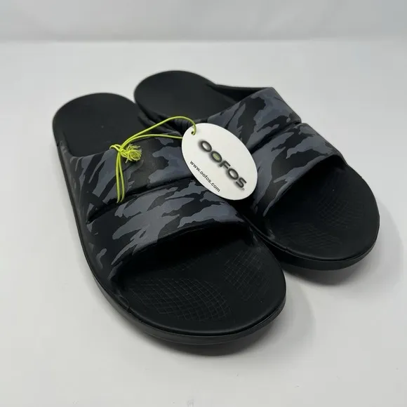 OOFOS OOahh Sport Flex Mens Size 12 Shoes Recovery Grey Camouflage Slide Sandals