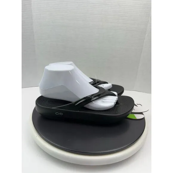 OOFOS OOLALA Women's Recovery Shiny Flip Flop Sandal Black Slip On Shoes Size 10