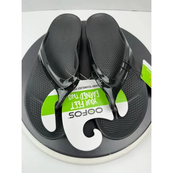 OOFOS OOLALA Women's Recovery Shiny Flip Flop Sandal Black Slip On Shoes Size 10