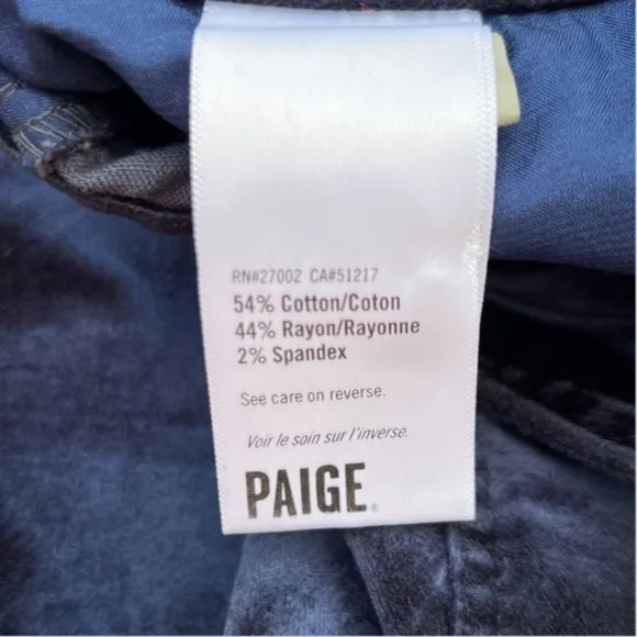 Paige - Women's Size 28 Velvet Blue Jeans 5-Pocket Stretch Straight Leg Cindy