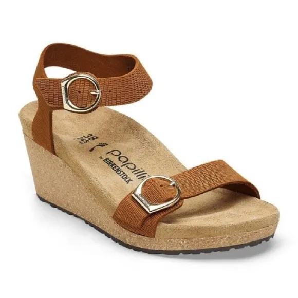 Papillo by Birkenstock Soley Embossed Leather cork wedge sandals women 38 (7.5)