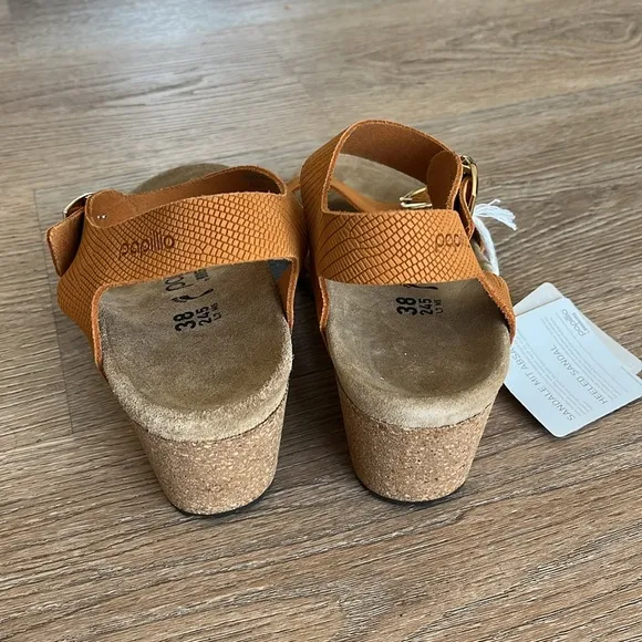 Papillo by Birkenstock Soley Embossed Leather cork wedge sandals women 38 (7.5)