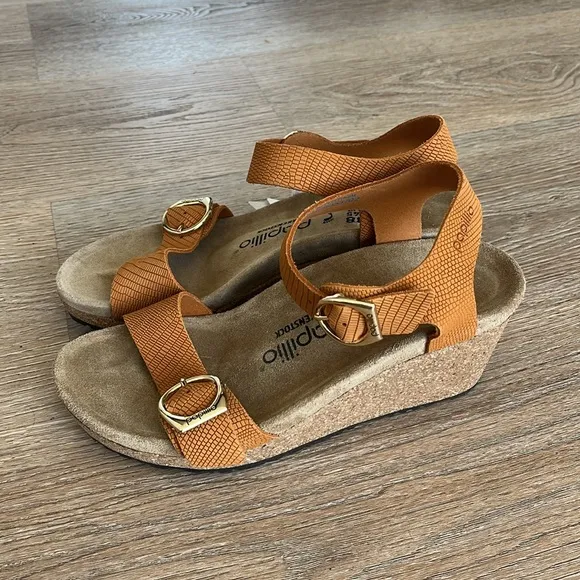 Papillo by Birkenstock Soley Embossed Leather cork wedge sandals women 38 (7.5)