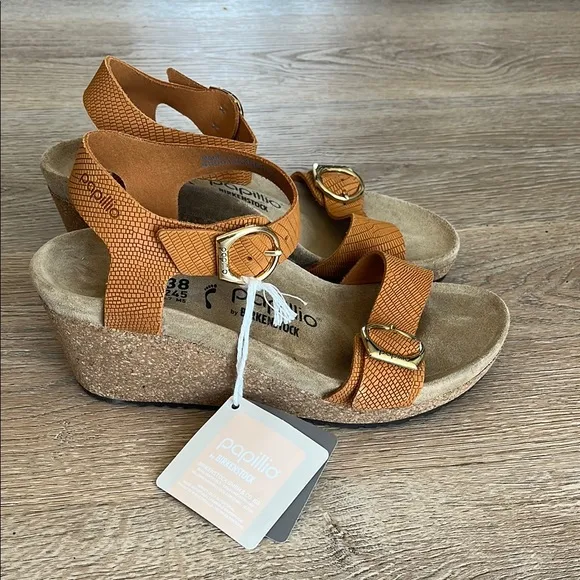 Papillo by Birkenstock Soley Embossed Leather cork wedge sandals women 38 (7.5)