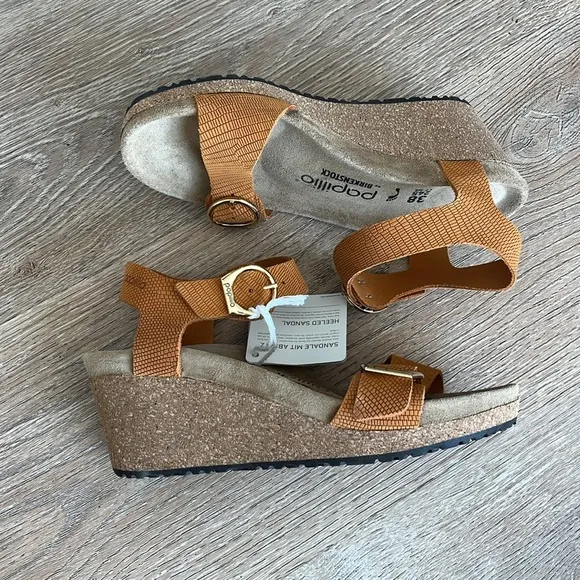 Papillo by Birkenstock Soley Embossed Leather cork wedge sandals women 38 (7.5)