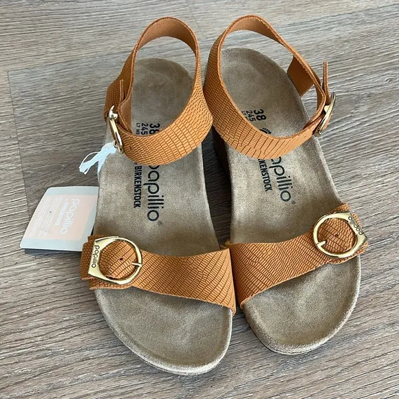 Papillo by Birkenstock Soley Embossed Leather cork wedge sandals women 38 (7.5)
