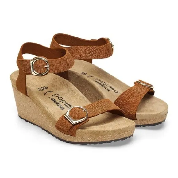 Papillo by Birkenstock Soley Embossed Leather cork wedge sandals women 38 (7.5)