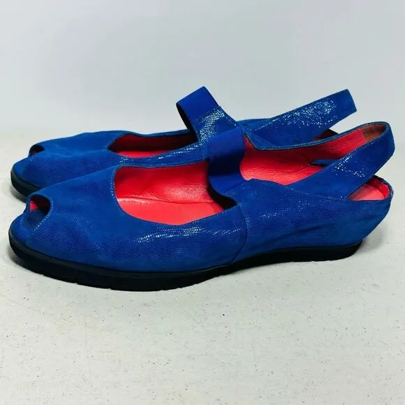 PAS DE ROUGE Silvia Blue Peep Toe Slingback Low Wedge Sandals Women 41 US 11