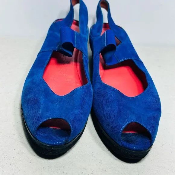 PAS DE ROUGE Silvia Blue Peep Toe Slingback Low Wedge Sandals Women 41 US 11