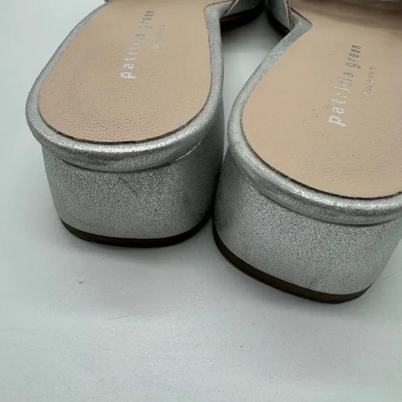 Patricia Green Slide Sandals Silver Leather Low Block Heels Shoes Shimmer 9.5